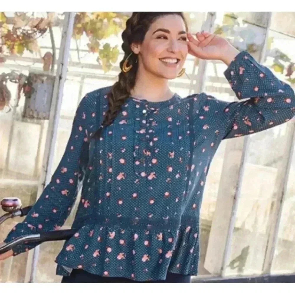 Matilda Jane Womens Blue Dream A Little Dream Floral Polka Dot Blouse Top S